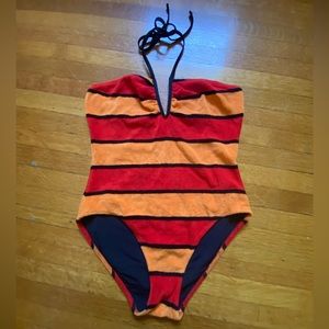 Solid and striped brand, halter, Terry one-piece swimsuit